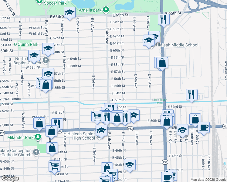 map of restaurants, bars, coffee shops, grocery stores, and more near 415 East 54th Street in Hialeah