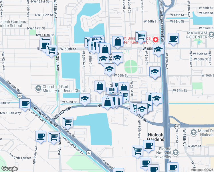map of restaurants, bars, coffee shops, grocery stores, and more near 2461 West 54th Place in Hialeah