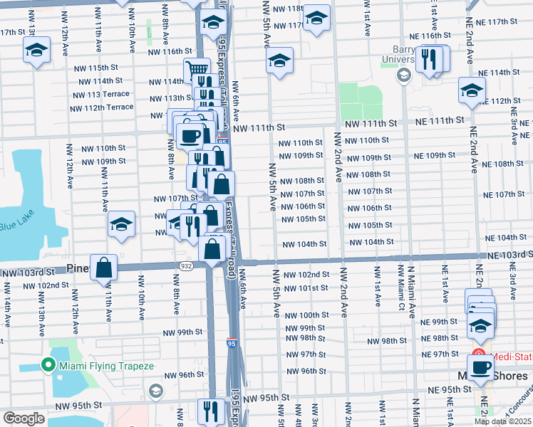 map of restaurants, bars, coffee shops, grocery stores, and more near 512 Northwest 106th Street in Miami