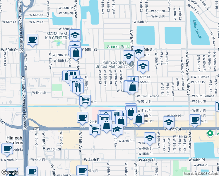 map of restaurants, bars, coffee shops, grocery stores, and more near West 13th Court in Hialeah