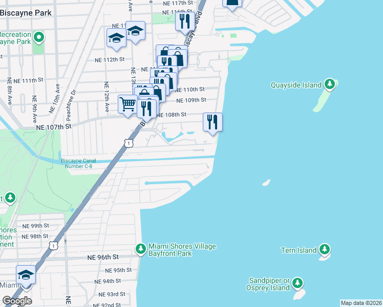 map of restaurants, bars, coffee shops, grocery stores, and more near 1634 Northeast 105th Street in Miami Shores