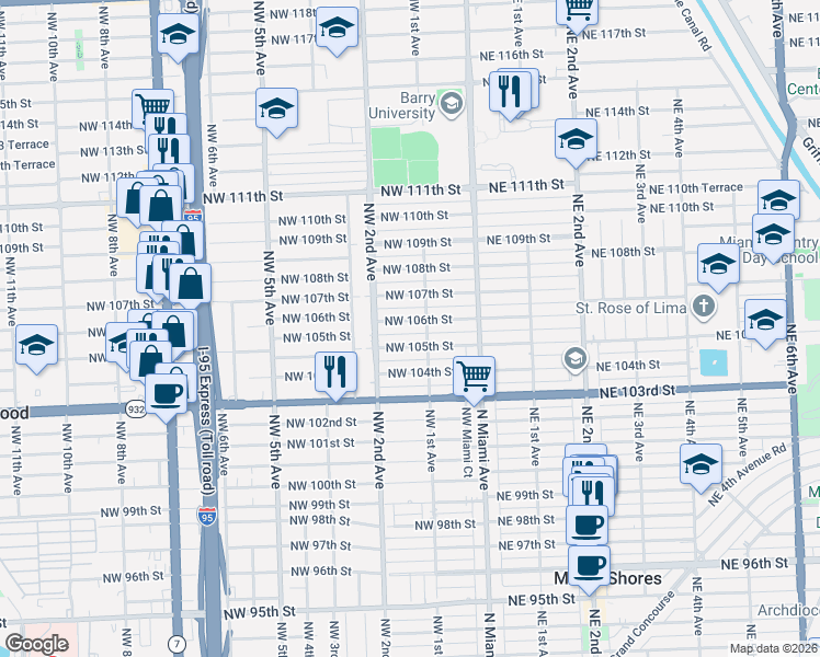 map of restaurants, bars, coffee shops, grocery stores, and more near 126 Northwest 106th Street in Miami Shores