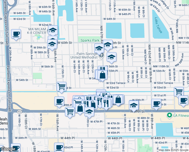 map of restaurants, bars, coffee shops, grocery stores, and more near 5435 West 12th Lane in Hialeah