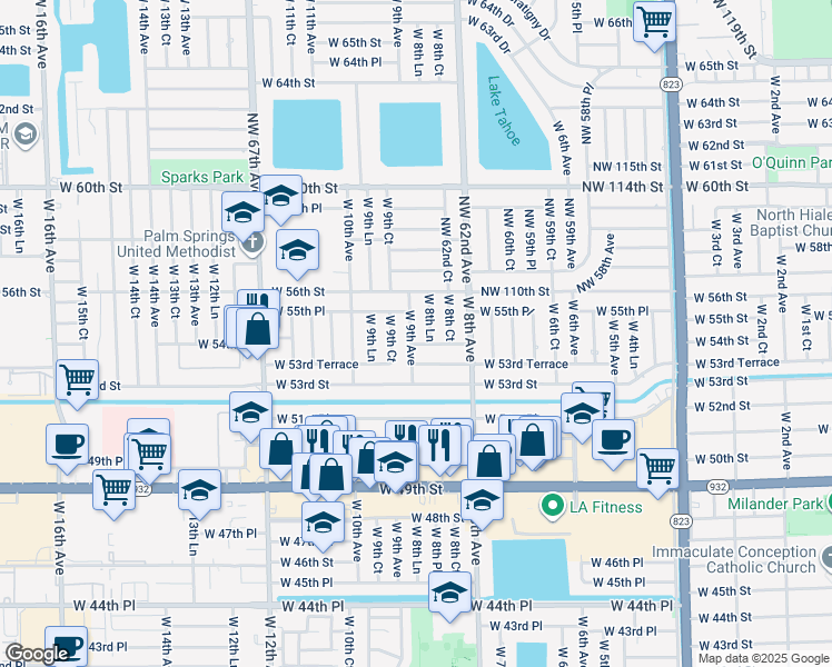map of restaurants, bars, coffee shops, grocery stores, and more near 5431 West 9th Avenue in Hialeah