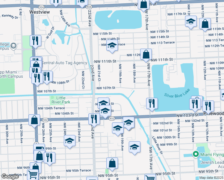 map of restaurants, bars, coffee shops, grocery stores, and more near 1970 Northwest 107th Street in Miami