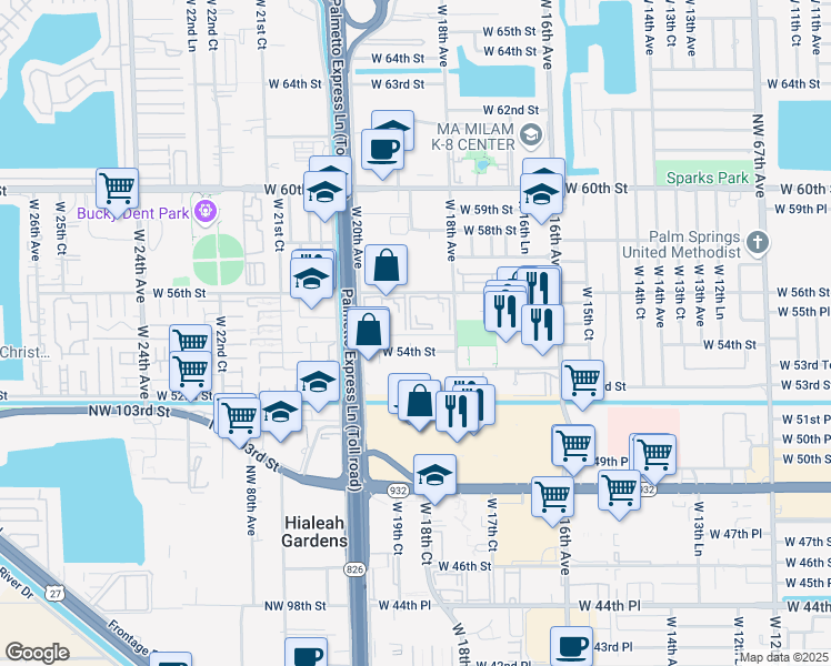 map of restaurants, bars, coffee shops, grocery stores, and more near 1945 West 54th Street in Hialeah
