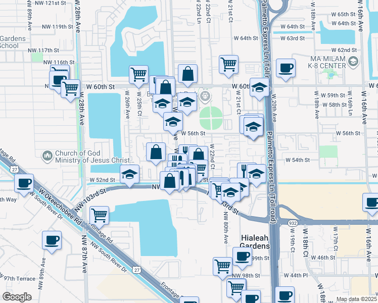 map of restaurants, bars, coffee shops, grocery stores, and more near 38 West 54th Place in Hialeah