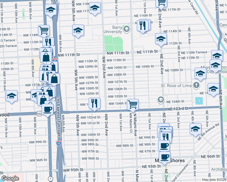 map of restaurants, bars, coffee shops, grocery stores, and more near 126 Northwest 106th Street in Miami Shores