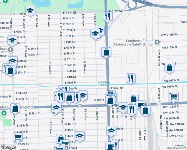 map of restaurants, bars, coffee shops, grocery stores, and more near 675 East 54th Street in Hialeah