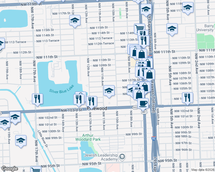 map of restaurants, bars, coffee shops, grocery stores, and more near 1061-1063 Northwest 106th Street in Miami