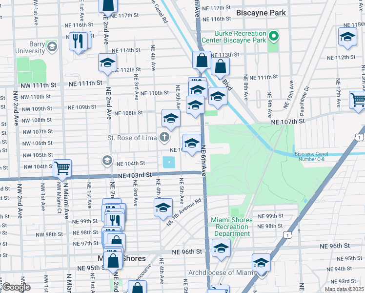 map of restaurants, bars, coffee shops, grocery stores, and more near 541 Northeast 105th Street in Miami Shores