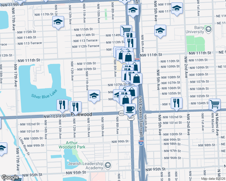 map of restaurants, bars, coffee shops, grocery stores, and more near 811 Northwest 106th Street in Miami