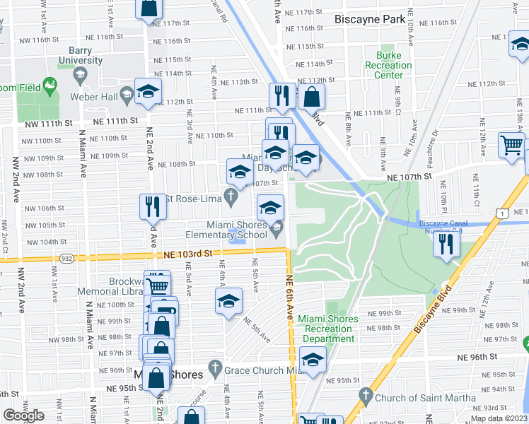 map of restaurants, bars, coffee shops, grocery stores, and more near 541 Northeast 105th Street in Miami Shores