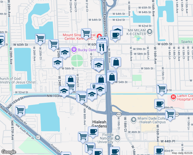 map of restaurants, bars, coffee shops, grocery stores, and more near 5437 West 21st Avenue in Hialeah