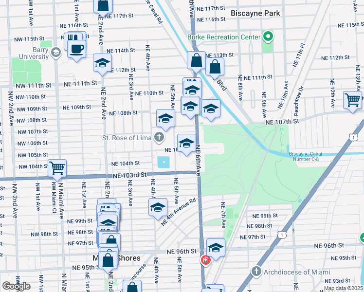 map of restaurants, bars, coffee shops, grocery stores, and more near 541 Northeast 105th Street in Miami Shores