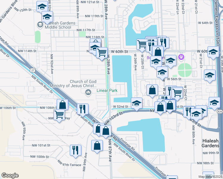 map of restaurants, bars, coffee shops, grocery stores, and more near 2798 West 55th Street in Hialeah