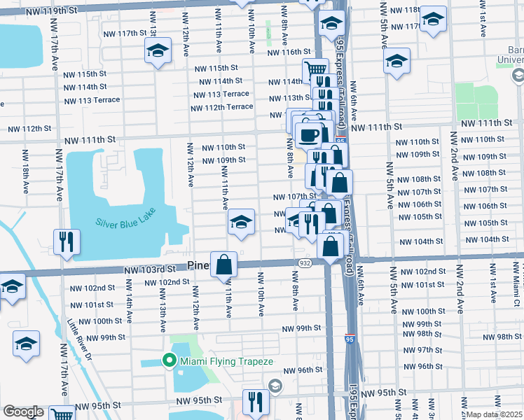 map of restaurants, bars, coffee shops, grocery stores, and more near 10625 Northwest 10th Avenue in Miami