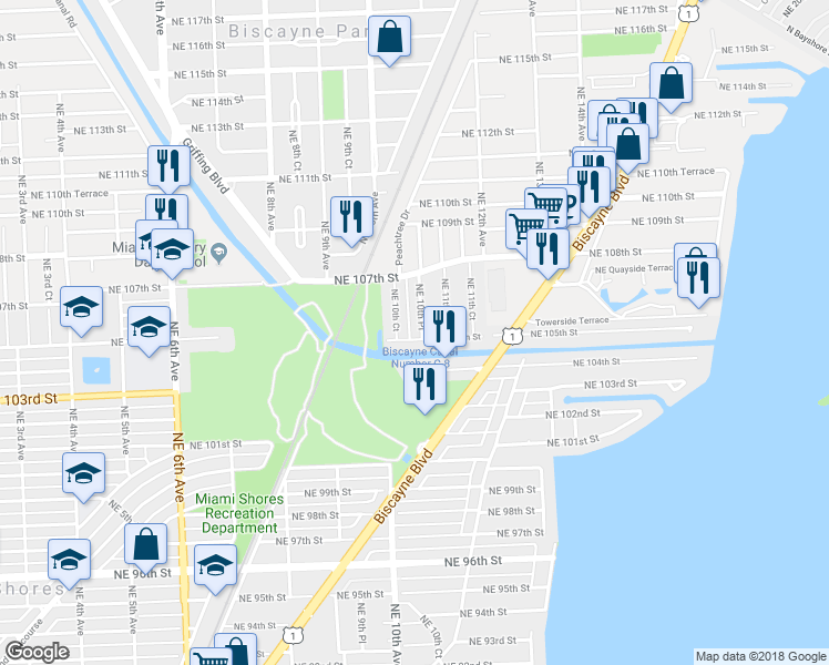 map of restaurants, bars, coffee shops, grocery stores, and more near 1055 Northeast 105th Street in Miami Shores