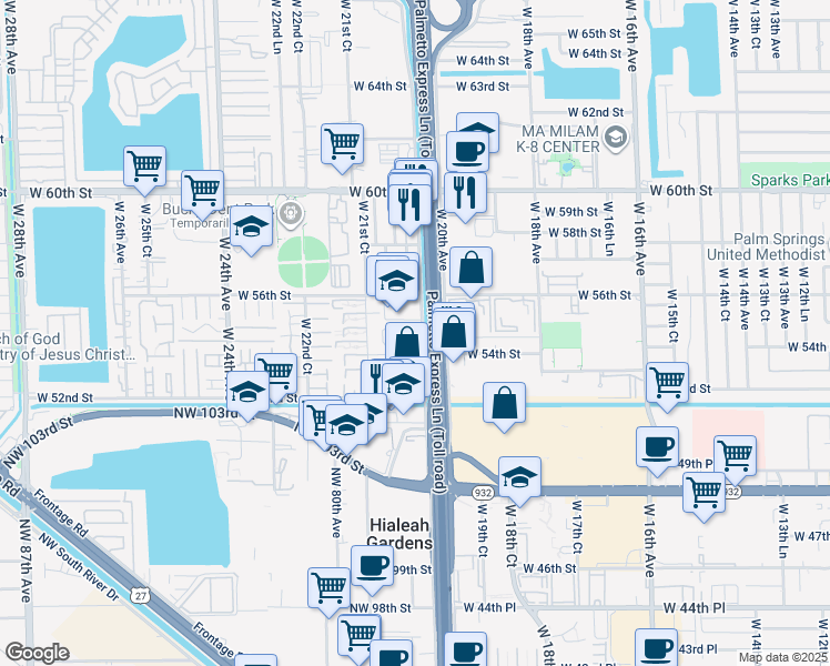 map of restaurants, bars, coffee shops, grocery stores, and more near 5400 West 20th Avenue in Hialeah