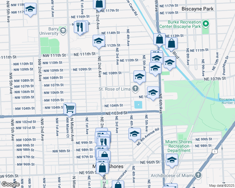 map of restaurants, bars, coffee shops, grocery stores, and more near 10518 Northeast 3rd Avenue in Miami Shores