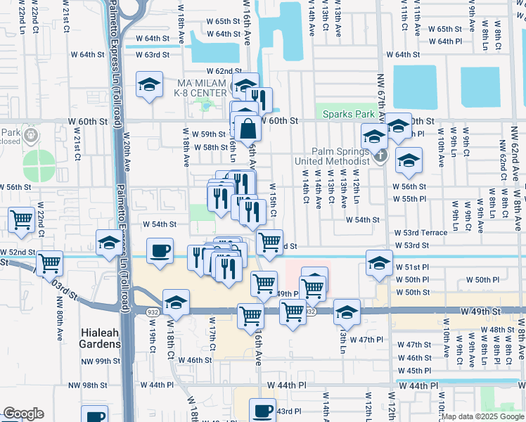map of restaurants, bars, coffee shops, grocery stores, and more near 1580 West 55th Street in Hialeah