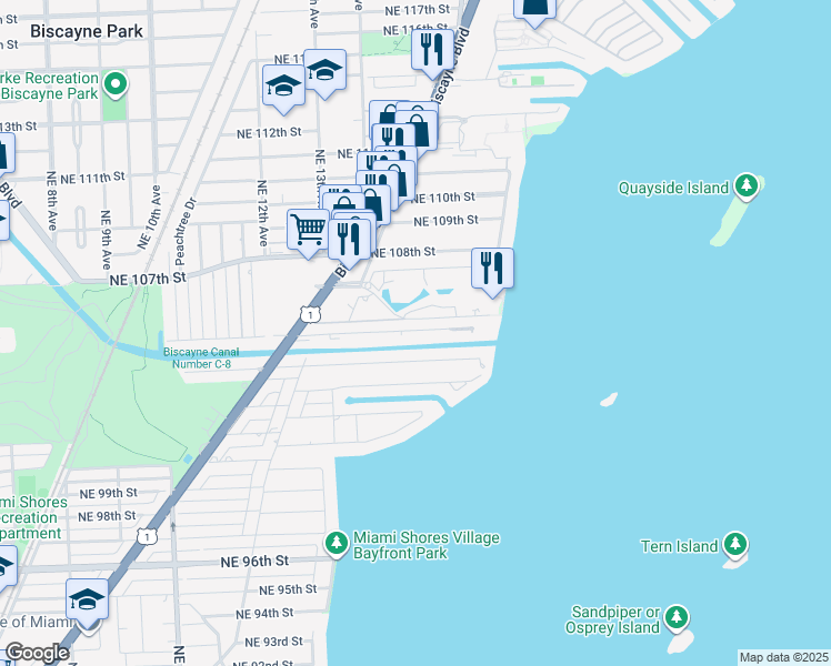 map of restaurants, bars, coffee shops, grocery stores, and more near 1552 Northeast 105th Street in Miami Shores