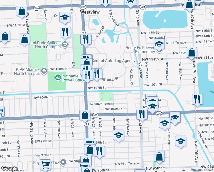 map of restaurants, bars, coffee shops, grocery stores, and more near 2455 Northwest 107th Street in Miami