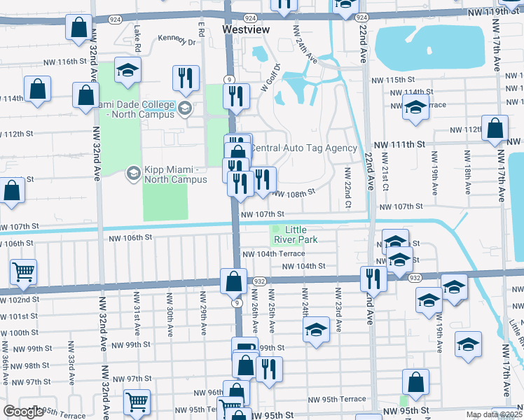 map of restaurants, bars, coffee shops, grocery stores, and more near 2515 Northwest 107th Street in Miami