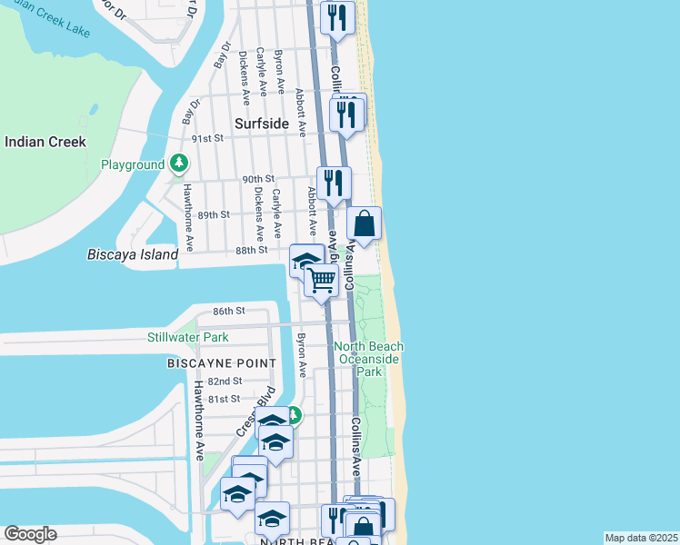 map of restaurants, bars, coffee shops, grocery stores, and more near 8638 Harding Avenue in Miami Beach