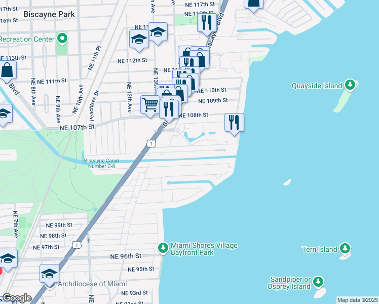 map of restaurants, bars, coffee shops, grocery stores, and more near 1438 Northeast 105th Street in Miami Shores