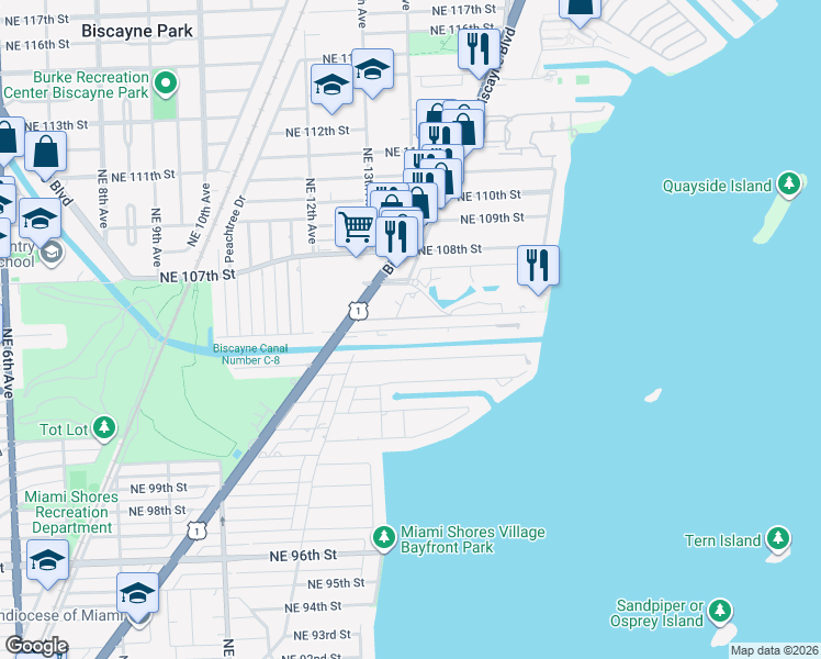 map of restaurants, bars, coffee shops, grocery stores, and more near 1319 Northeast 105th Street in Miami Shores