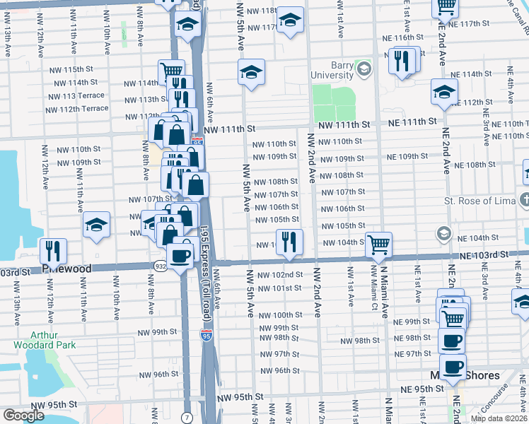 map of restaurants, bars, coffee shops, grocery stores, and more near 410 Northwest 106th Street in Miami