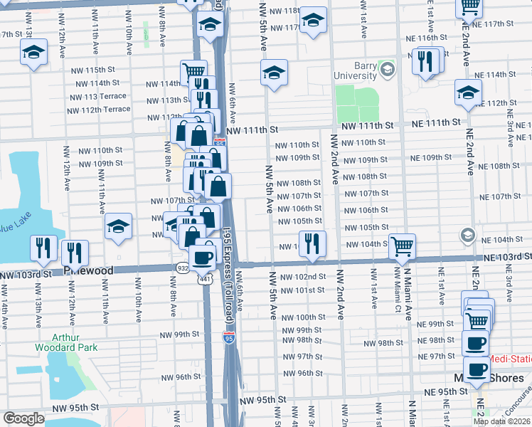 map of restaurants, bars, coffee shops, grocery stores, and more near 512 Northwest 106th Street in Miami