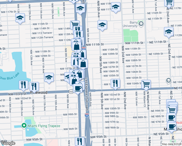 map of restaurants, bars, coffee shops, grocery stores, and more near 10544 Northwest 6th Avenue in Miami