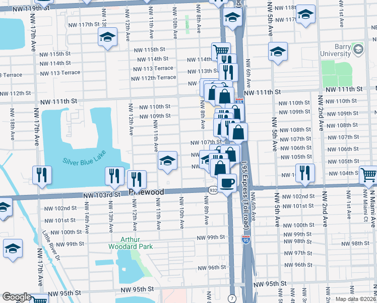 map of restaurants, bars, coffee shops, grocery stores, and more near 10625 Northwest 10th Avenue in Miami