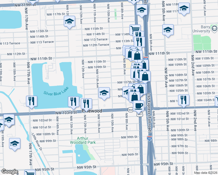 map of restaurants, bars, coffee shops, grocery stores, and more near 10625 Northwest 10th Avenue in Miami
