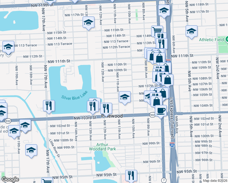 map of restaurants, bars, coffee shops, grocery stores, and more near 1145 Northwest 106th Street in Miami