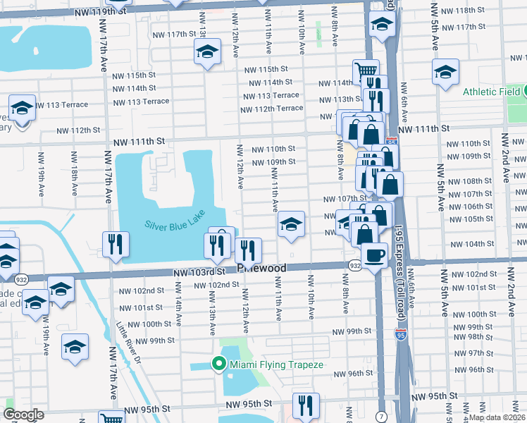 map of restaurants, bars, coffee shops, grocery stores, and more near 1145 Northwest 106th Street in Miami