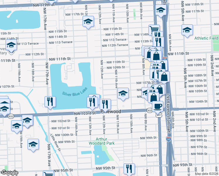 map of restaurants, bars, coffee shops, grocery stores, and more near 1145 Northwest 106th Street in Miami