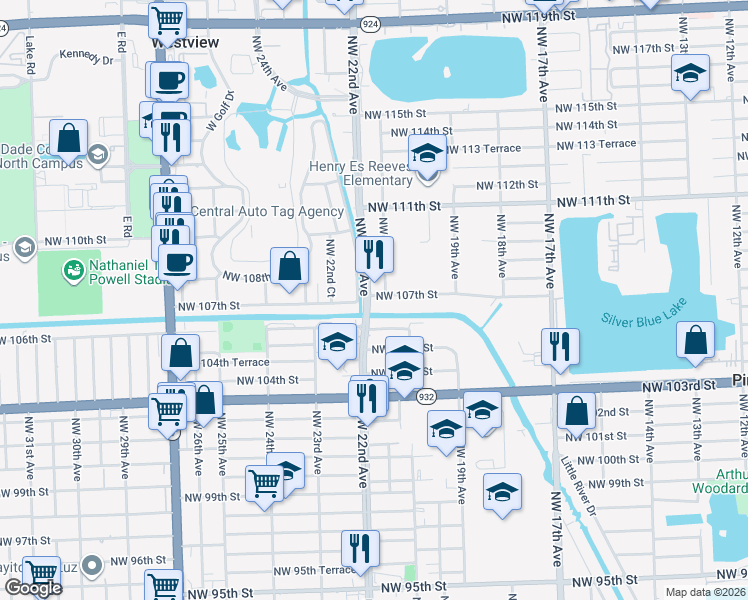 map of restaurants, bars, coffee shops, grocery stores, and more near 2160 Northwest 107th Street in Miami