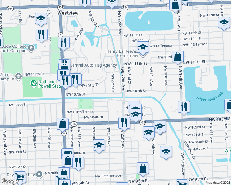 map of restaurants, bars, coffee shops, grocery stores, and more near 2225 Northwest 107th Street in Miami