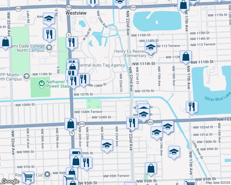 map of restaurants, bars, coffee shops, grocery stores, and more near 2255-2299 Northwest 107th Street in Miami