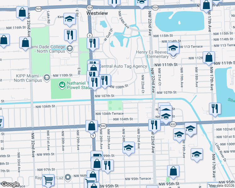 map of restaurants, bars, coffee shops, grocery stores, and more near 2455 Northwest 107th Street in Miami