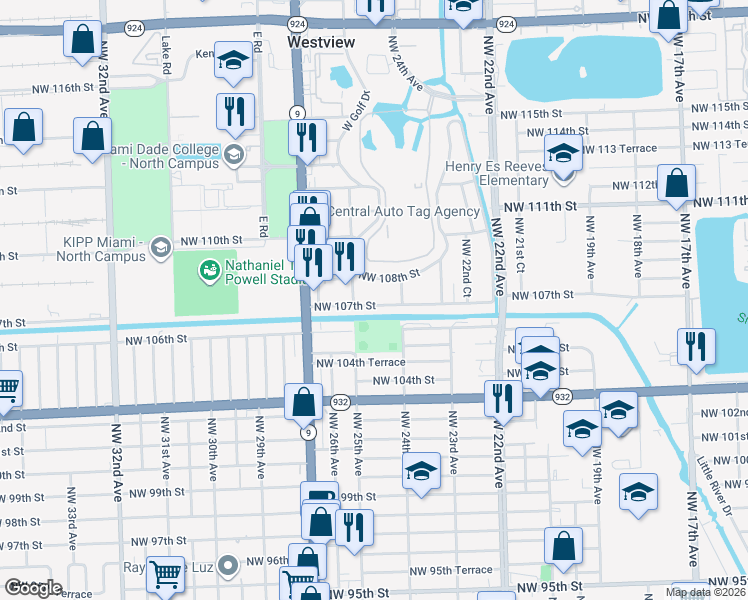 map of restaurants, bars, coffee shops, grocery stores, and more near 2455 Northwest 107th Street in Miami