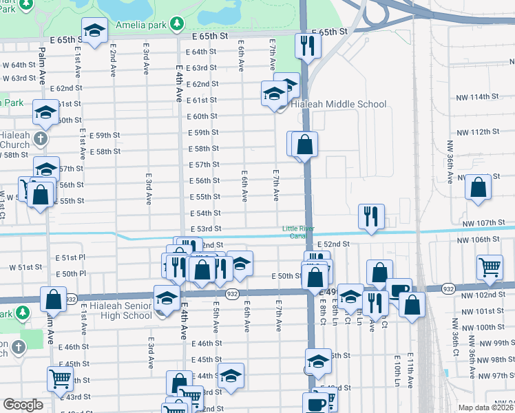 map of restaurants, bars, coffee shops, grocery stores, and more near 675 East 54th Street in Hialeah