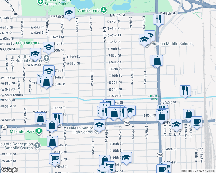 map of restaurants, bars, coffee shops, grocery stores, and more near 415 East 54th Street in Hialeah