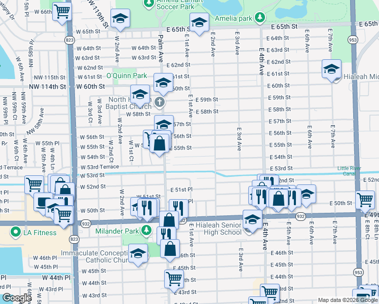 map of restaurants, bars, coffee shops, grocery stores, and more near 70 East 55th Street in Hialeah