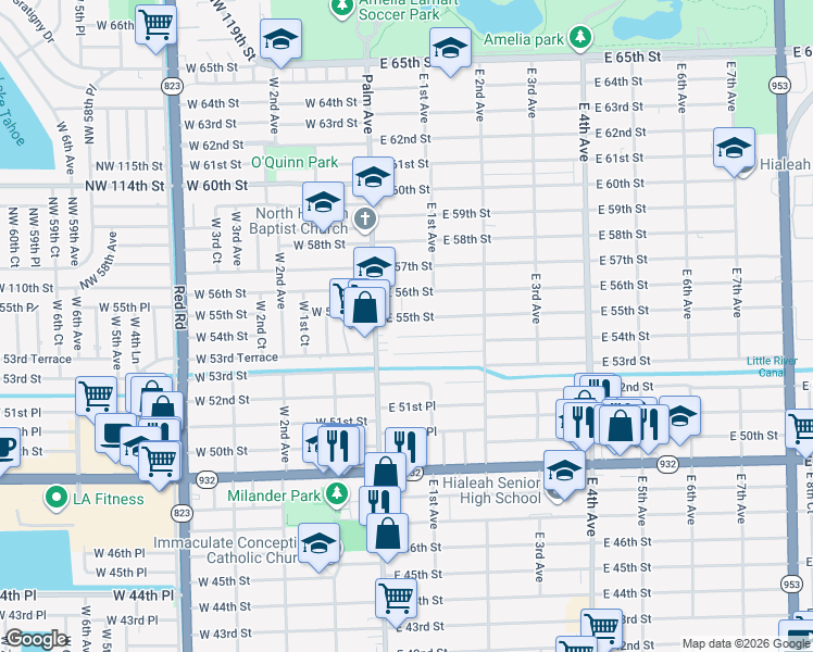 map of restaurants, bars, coffee shops, grocery stores, and more near 80 E 55th St in Hialeah