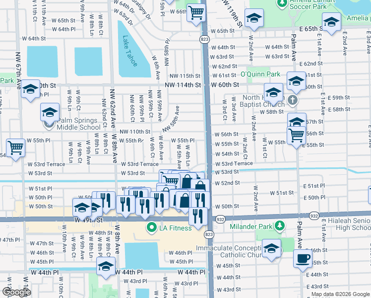 map of restaurants, bars, coffee shops, grocery stores, and more near 5430 West 5th Avenue in Hialeah