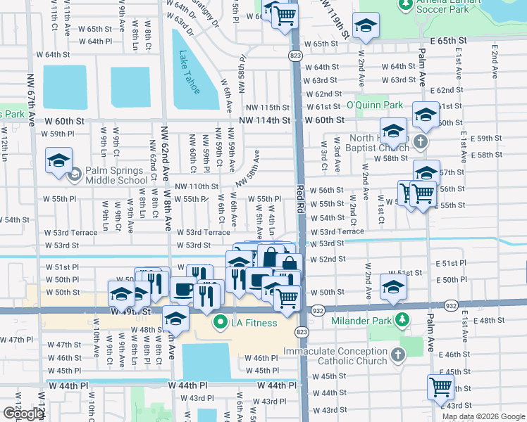 map of restaurants, bars, coffee shops, grocery stores, and more near 5430 West 5th Avenue in Hialeah